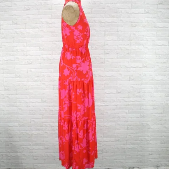 Dress Maxi Halter Floral Tiered Tropical Summer Sleeveless Orange Pink Small - Picture 5 of 15